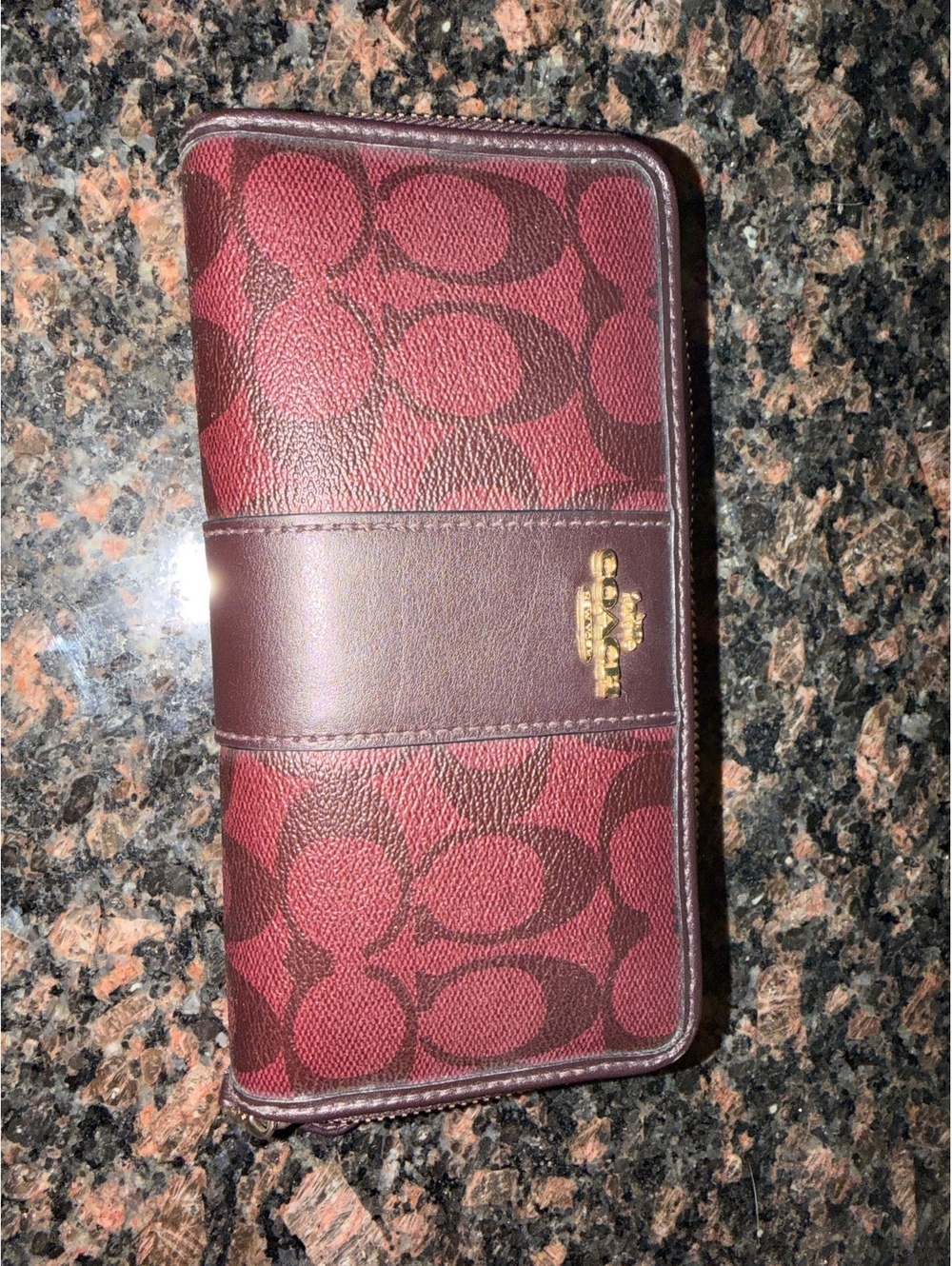 Coach Signature Zip Around Wallet in Burgundy and Brown